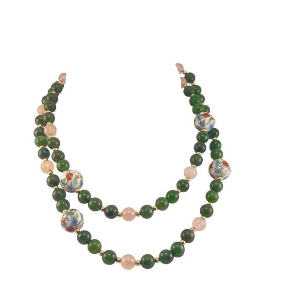 Jade Nephrite Rose Quartz Beaded Vintage GlassNecklace With Floral Porcelain Acc - Picture 1 of 9